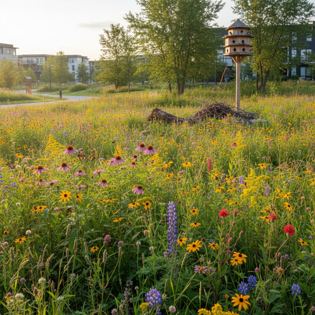 A pollinator garden with native wildflowers in an Ontario urban setting