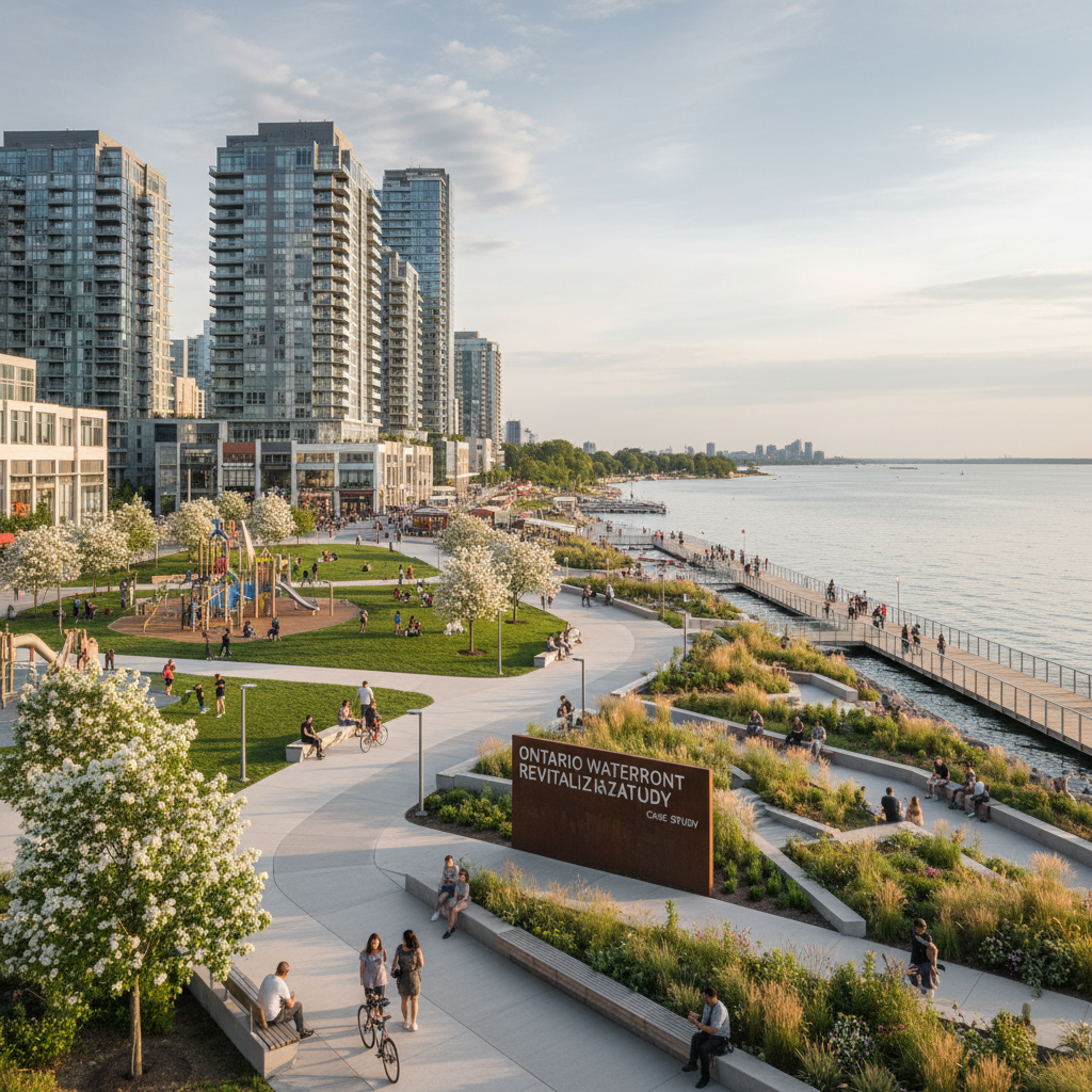 An Ontario community park showing a well-designed green space with walking paths, native plantings, and seating areas