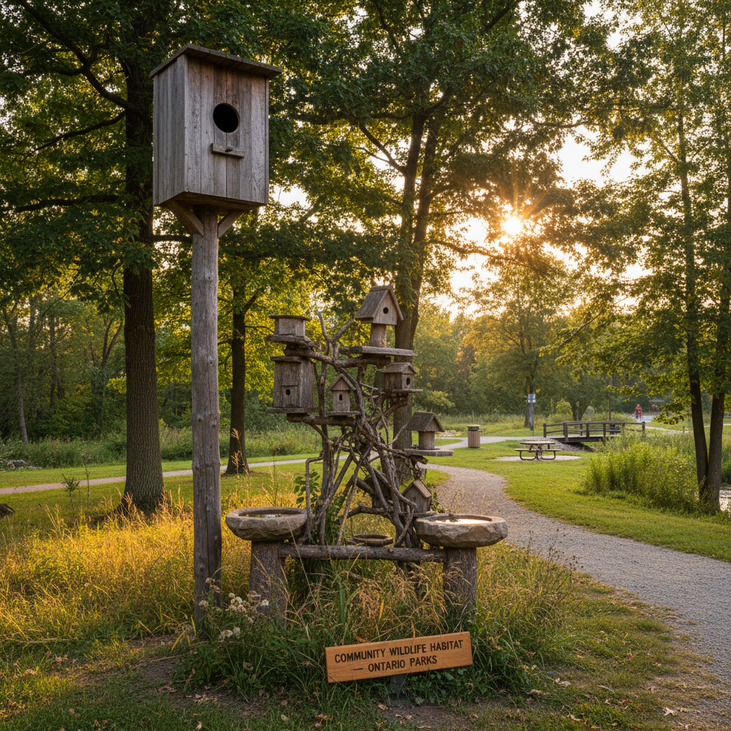 A bird feeding at a native shrub with berries in an Ontario backyard during autumn