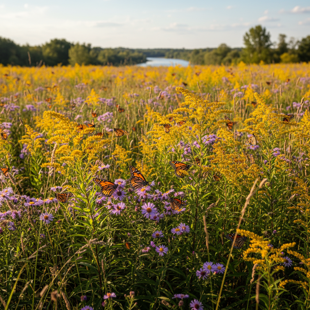 A native wildflower meadow with butterflies and bees in an Ontario conservation area