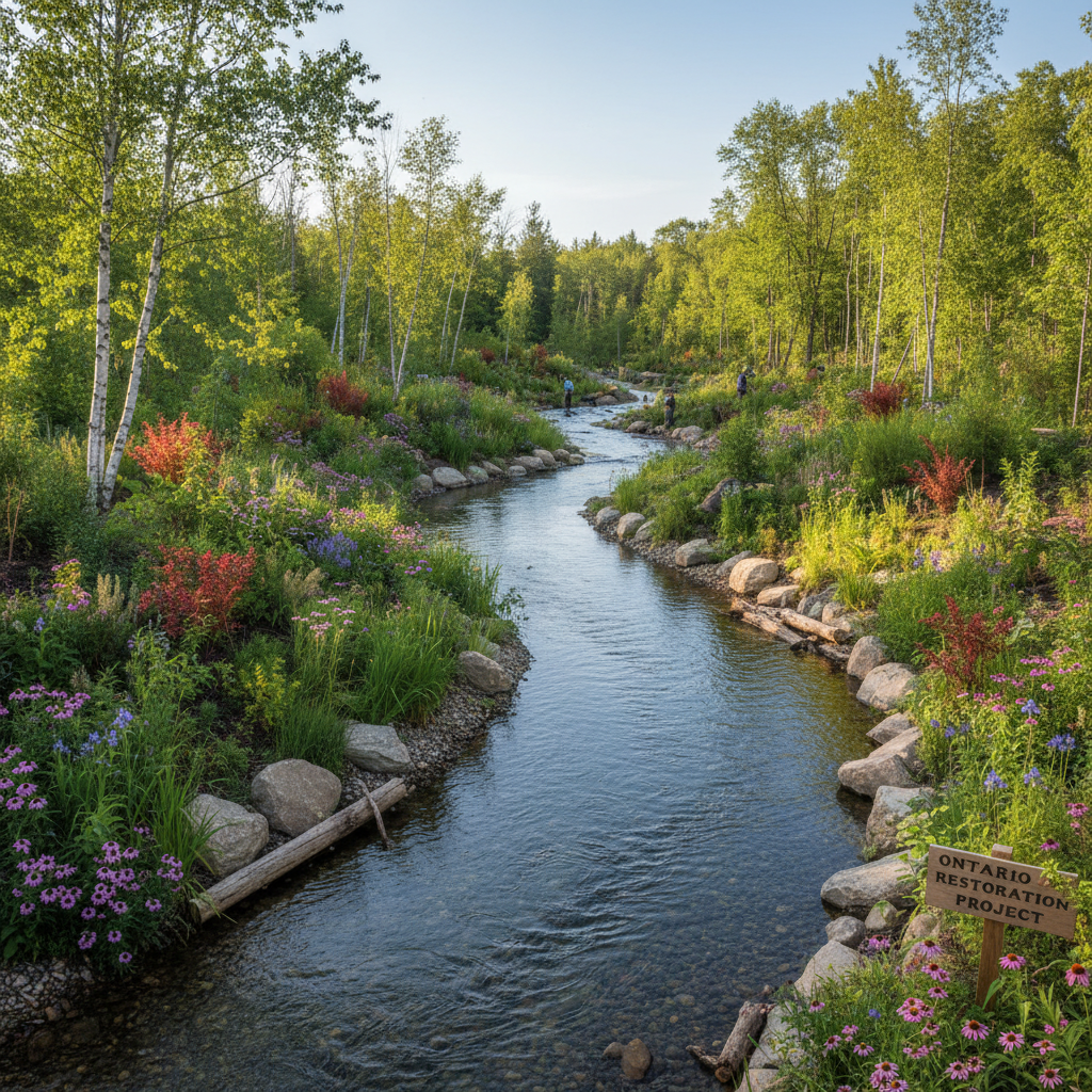 A naturalized stream bank with native plants providing habitat connectivity through a residential neighbourhood