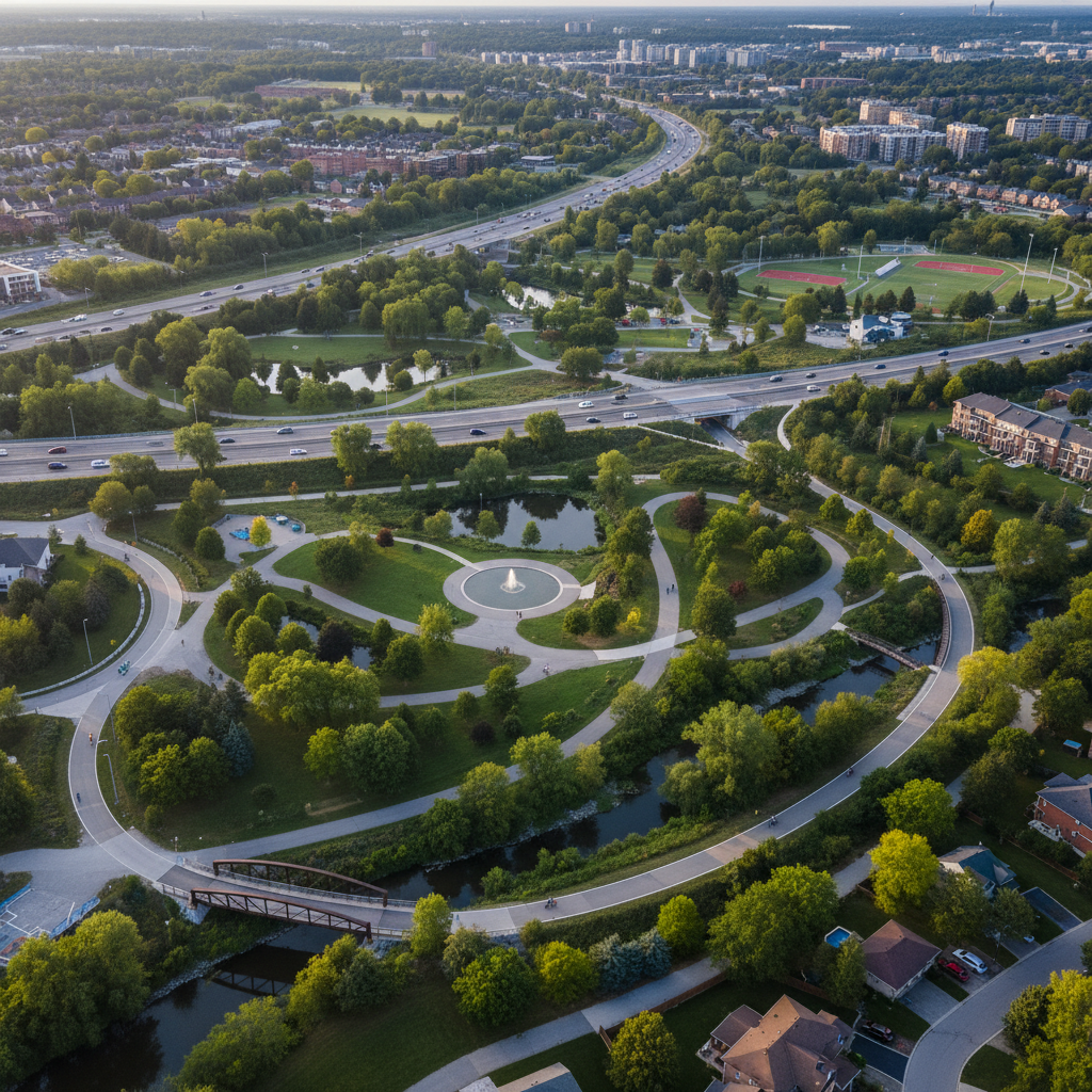 A greenway path through a naturalized corridor with native wildflowers and mature trees on both sides