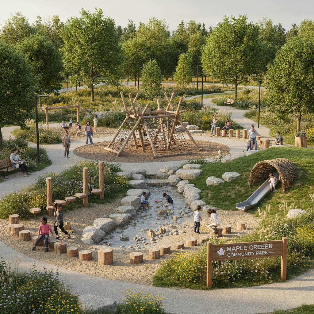 A newly redesigned Ontario community park with natural play features and seating areas for parents