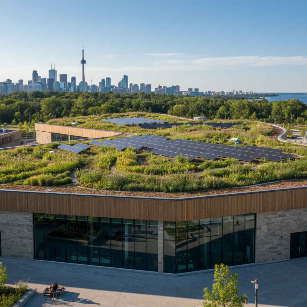A green roof with low-growing plants covering a commercial building rooftop