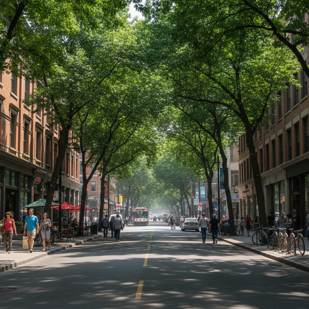 Newly planted shade trees along a sidewalk in a commercial area with protective tree guards