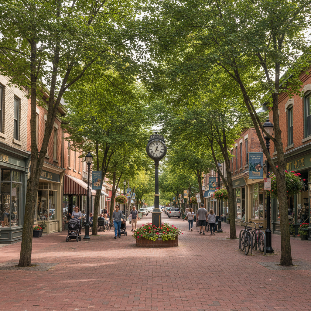A redesigned main street with wide sidewalks, trees, and outdoor seating in a small Ontario town