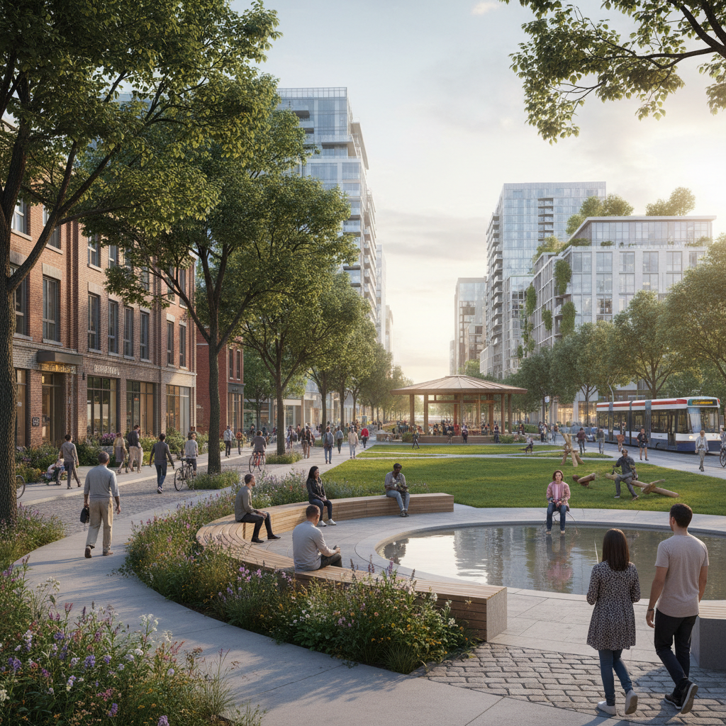 Neighbours gathering in a landscaped community park