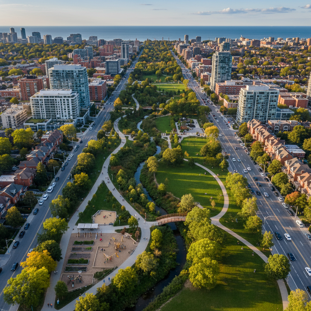 Aerial view of green space distributed across an Ontario neighbourhood