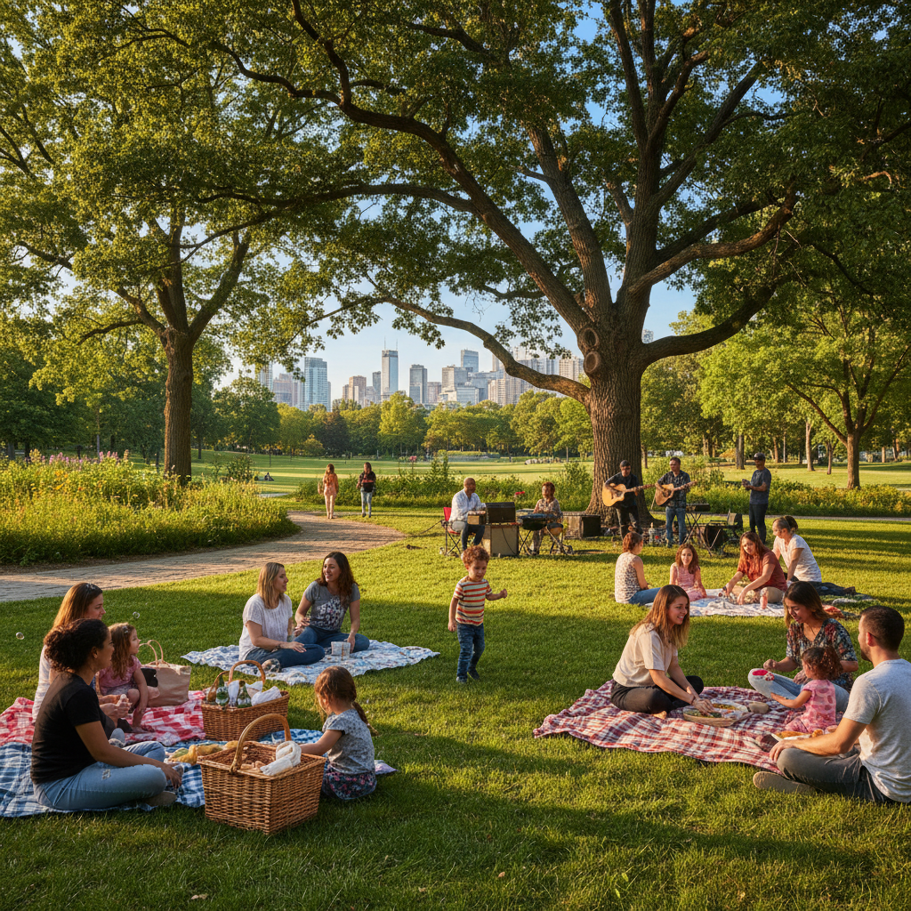 Neighbours gathered around a newly planted community green space with raised beds and young trees