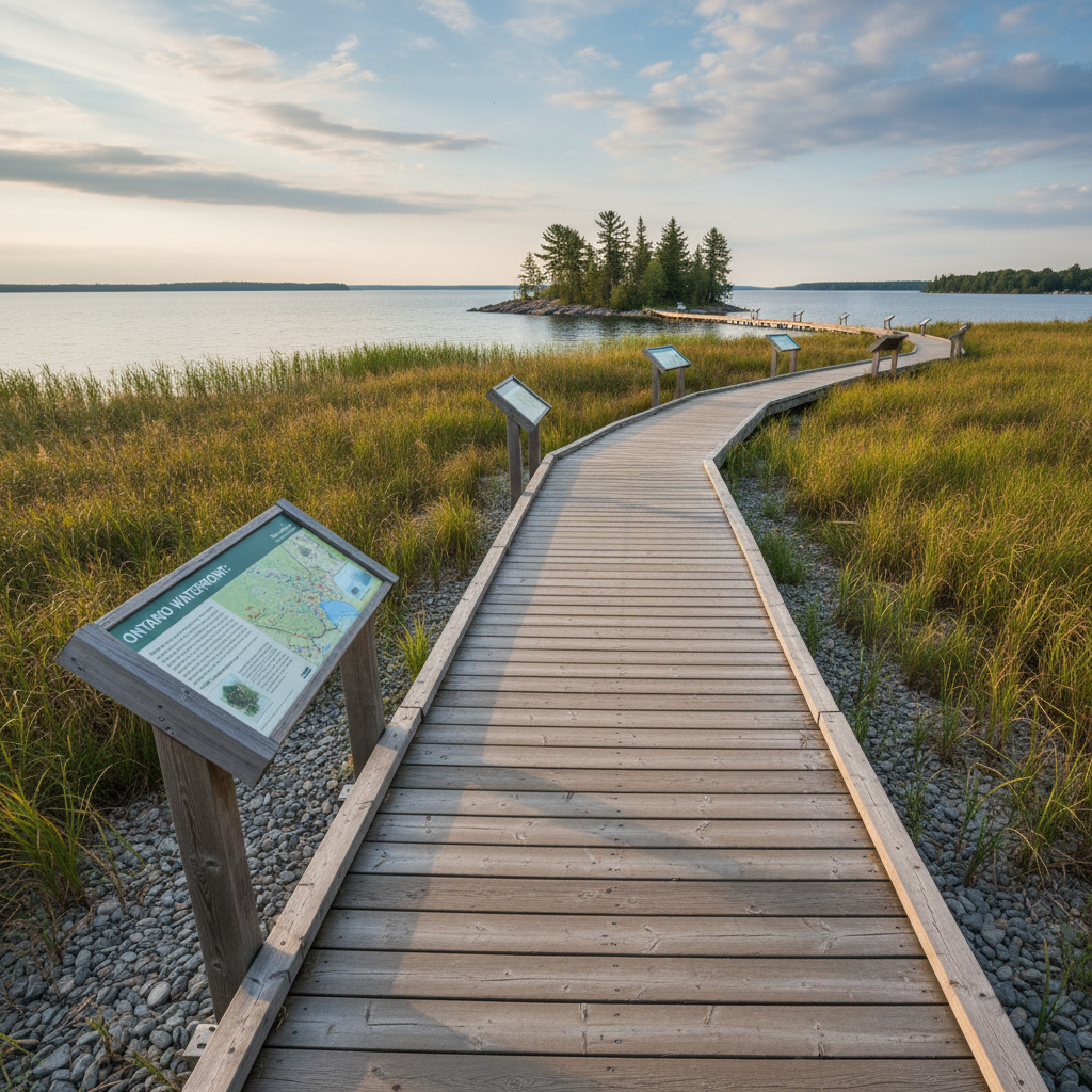 A boardwalk path along a river with wooden railings and native plantings