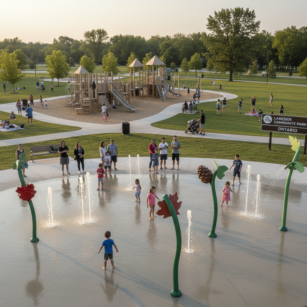 Families gathering and children playing in a community park on a summer afternoon