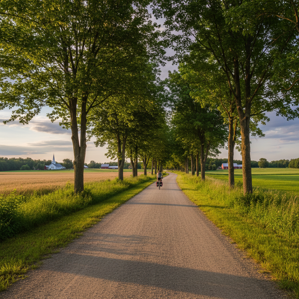 A converted rail trail with a smooth gravel surface running between mature trees