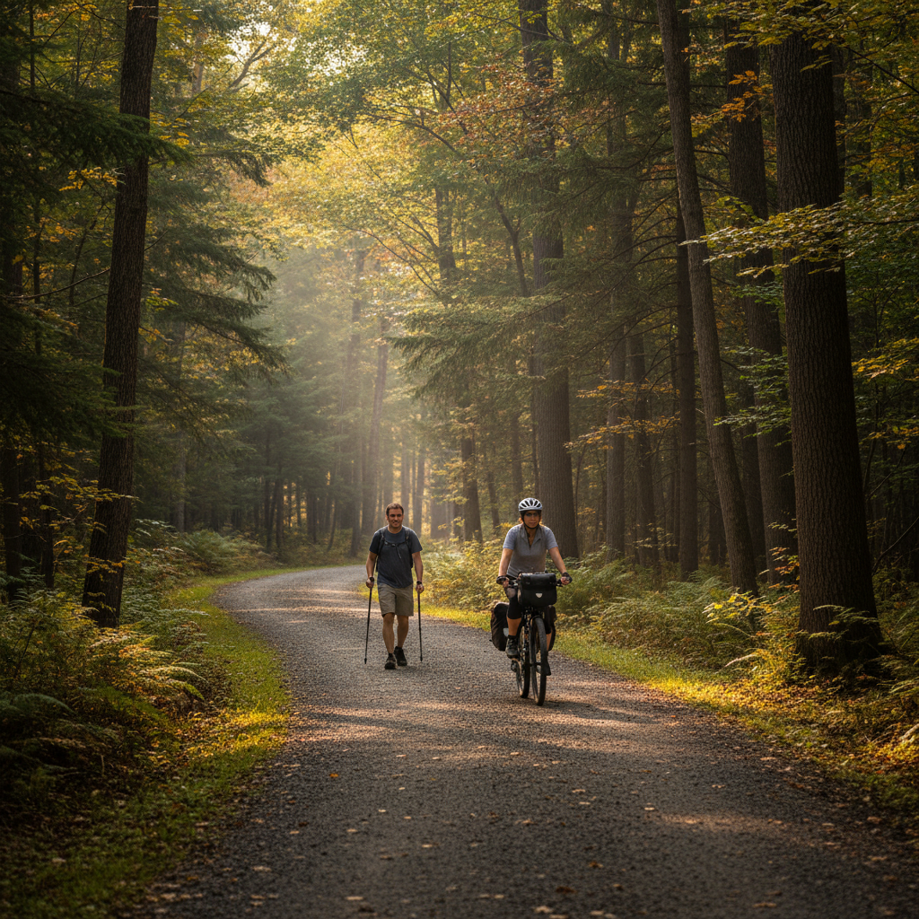 A well-maintained multi-use trail winding through a community park in Ontario